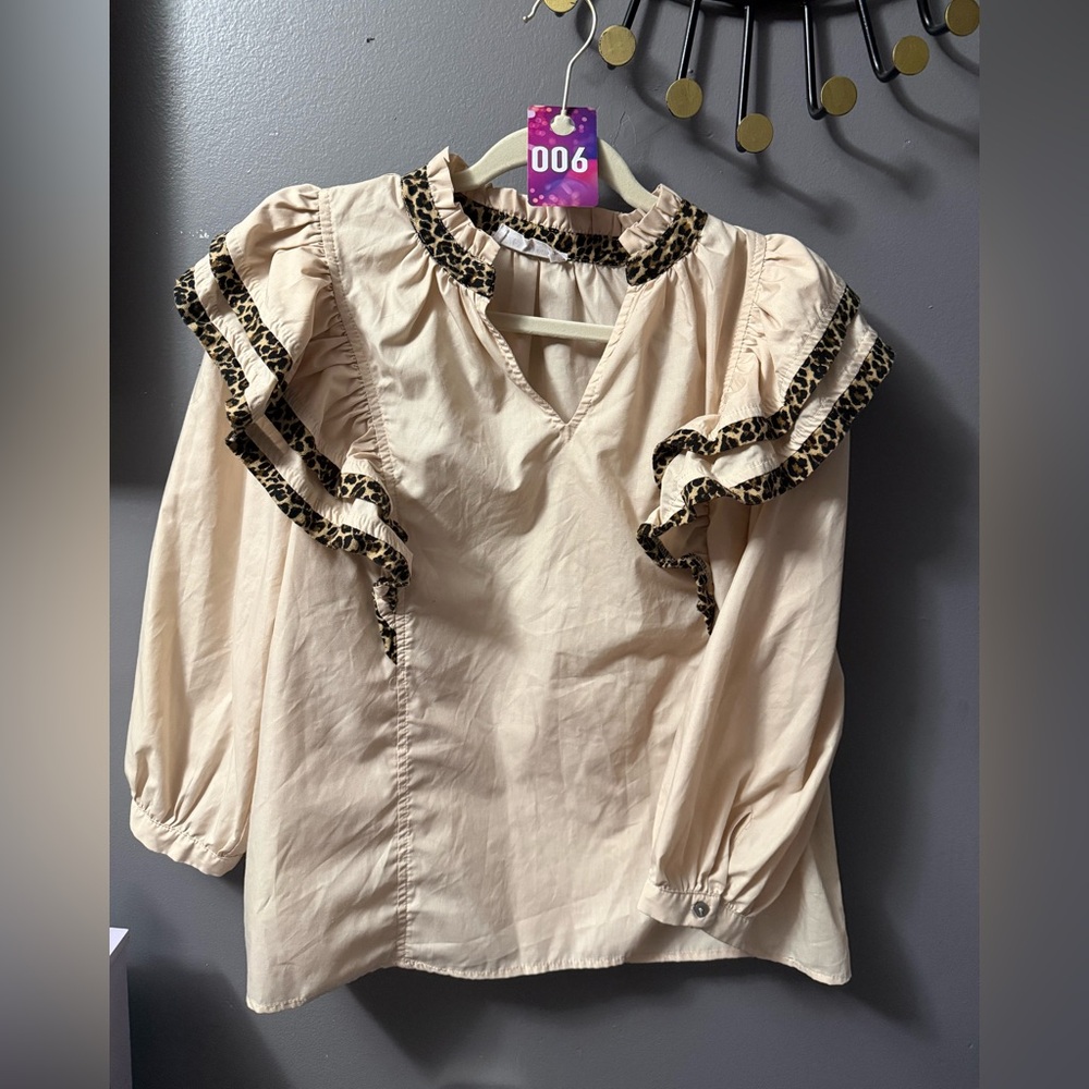 6) HerringStones - Leopard Ruffled Blouse NWOT